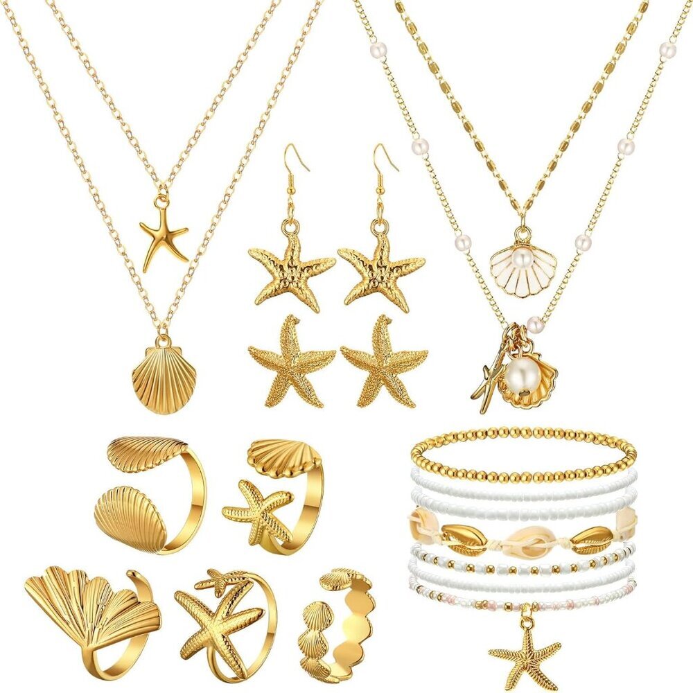 Jewelry Set Earrings Rings Boho Layer Charm Necklace Summer Bracelets Set for Ho
